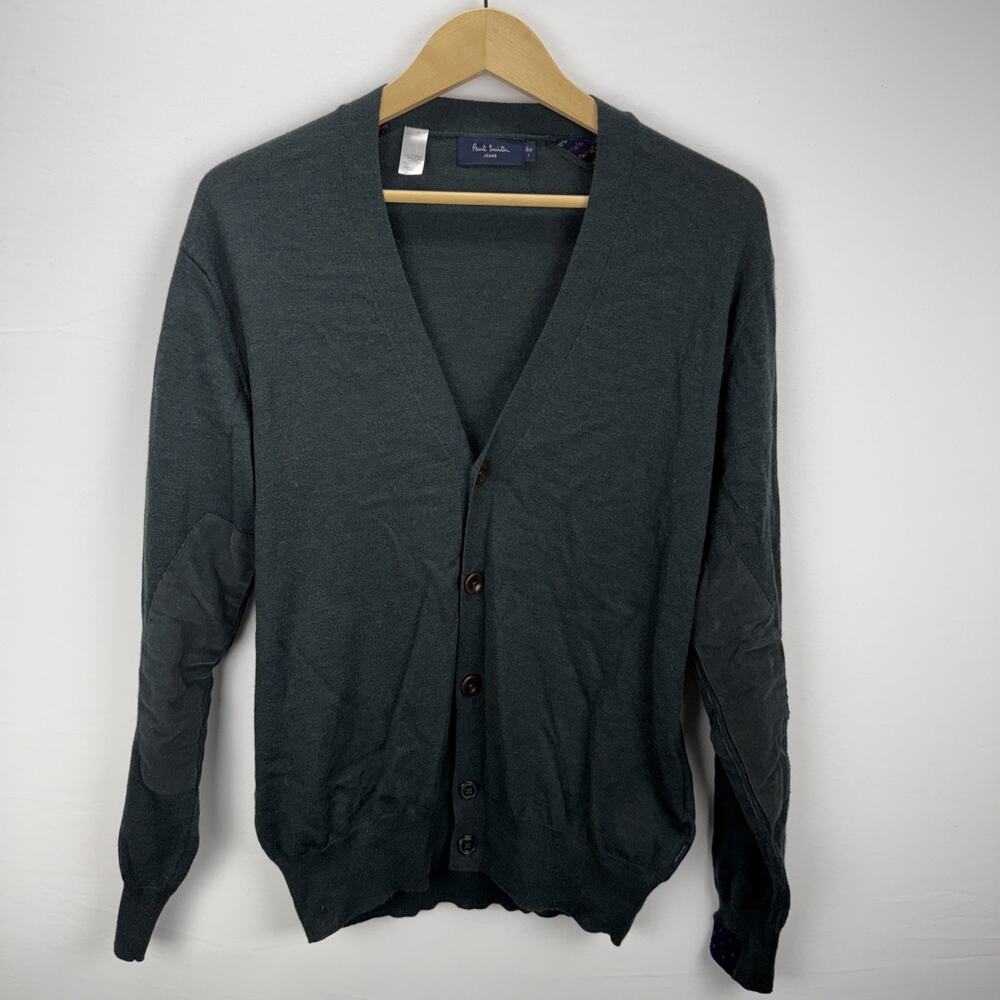 Paul Smith Button V-Neck Cardigan Size L Green Patchwork Merino Wool Elbow Patch